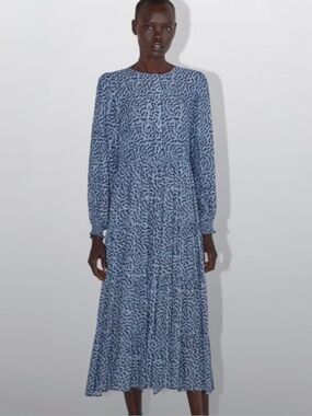 Zara The Angel Dress Blue Abstract Tiered Midi Dress Long Sleeves Flowy Small